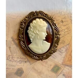 Vintage Cameo Brooch Amber Background Victorian Lady Filigree Pin